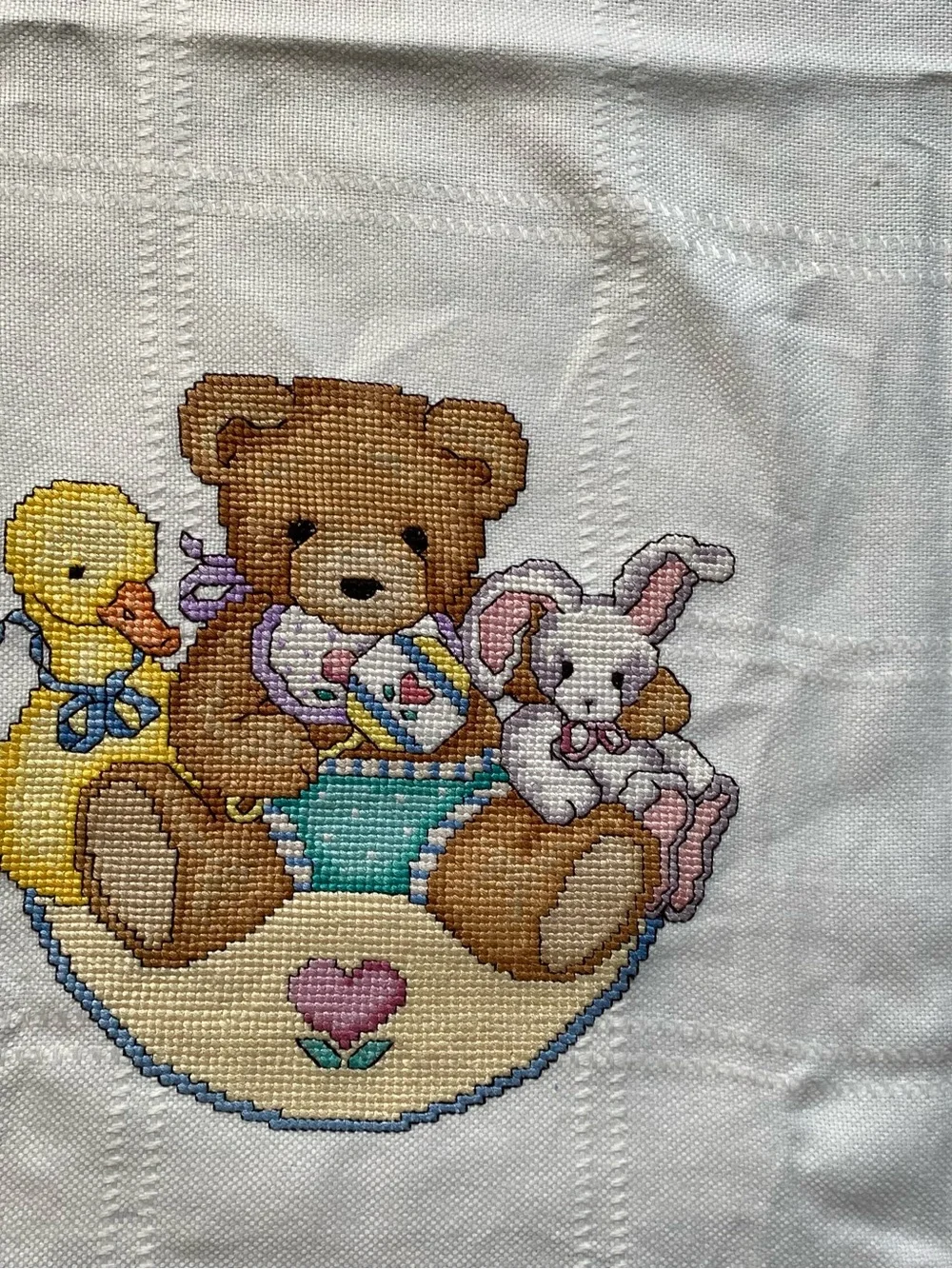 Vintage Handmade Cross Stitch Teddy Bear Baby Blanket Afghan White Fringed